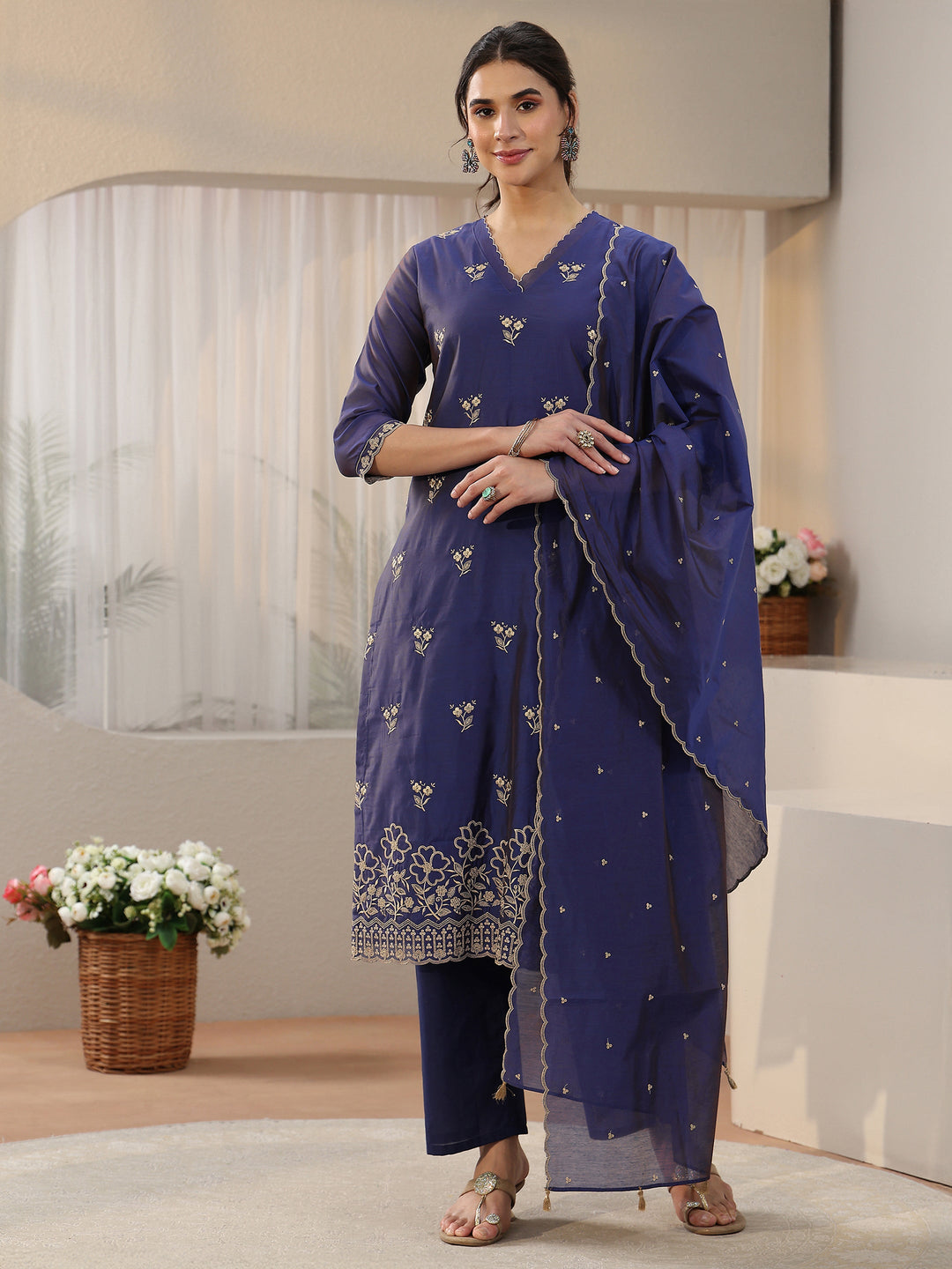  Libas Navy Blue Floral Embroidered Chanderi Silk Straight Suit Set 