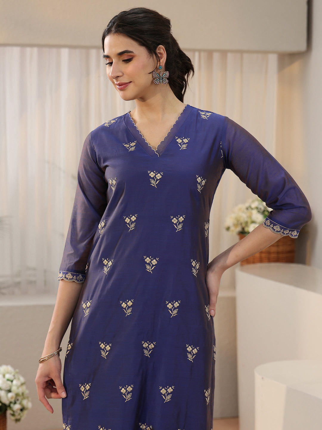  Libas Navy Blue Floral Embroidered Chanderi Silk Straight Suit Set 