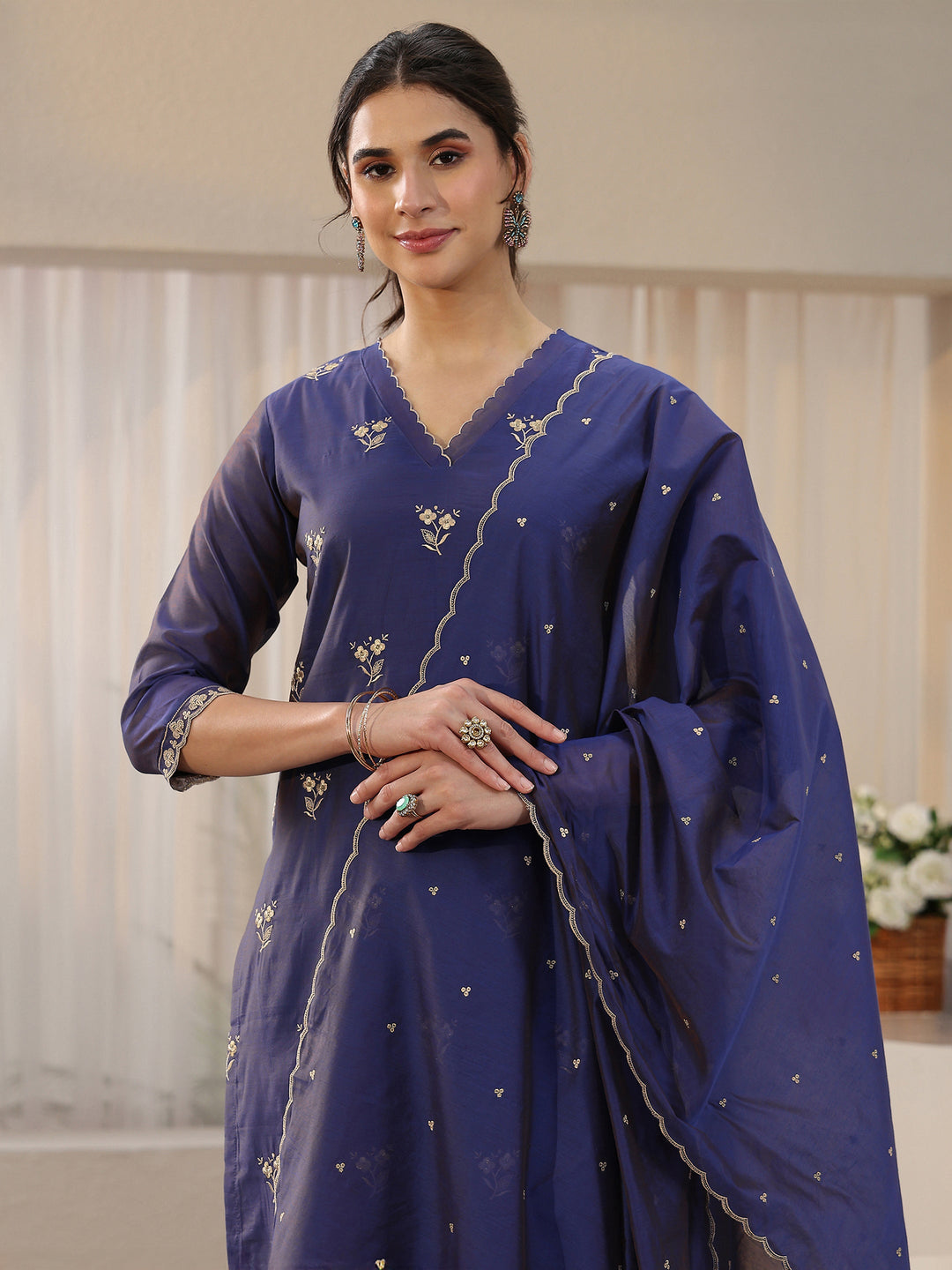  Libas Navy Blue Floral Embroidered Chanderi Silk Straight Suit Set 