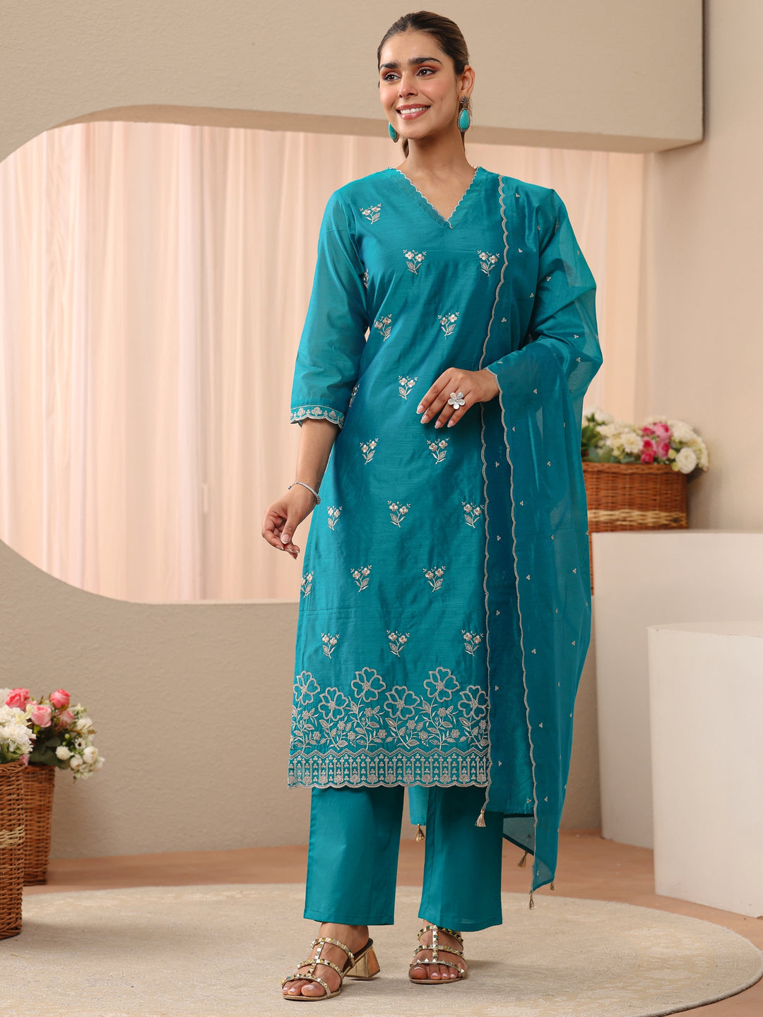  Blue Floral Embroidered Chanderi Silk Straight Suit Set 