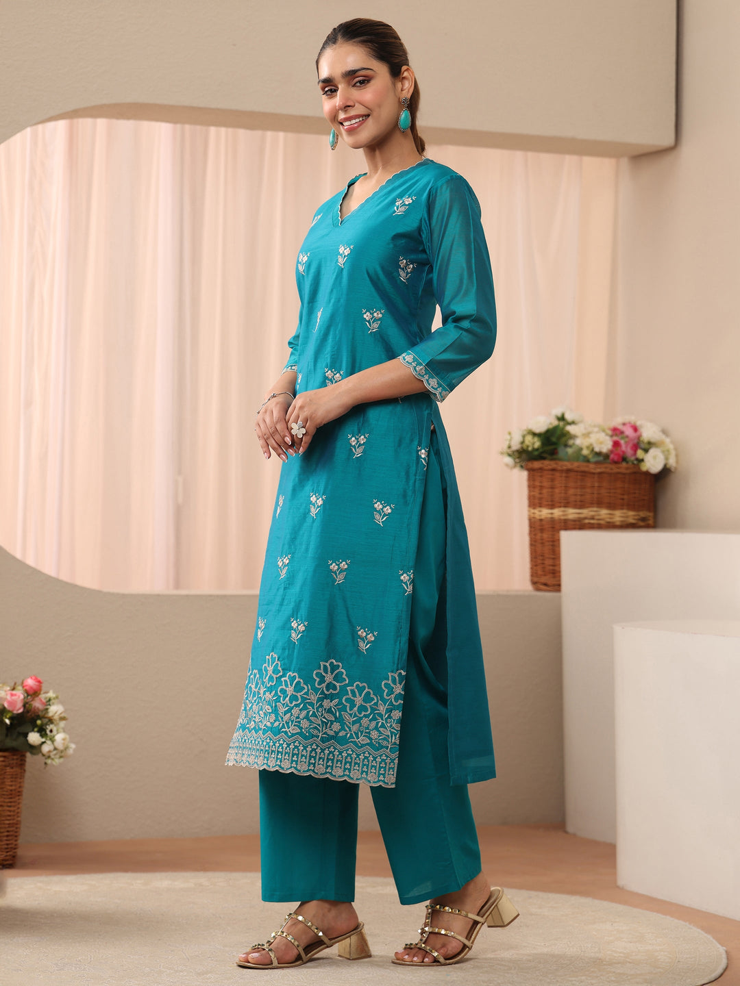  Blue Floral Embroidered Chanderi Silk Straight Suit Set 
