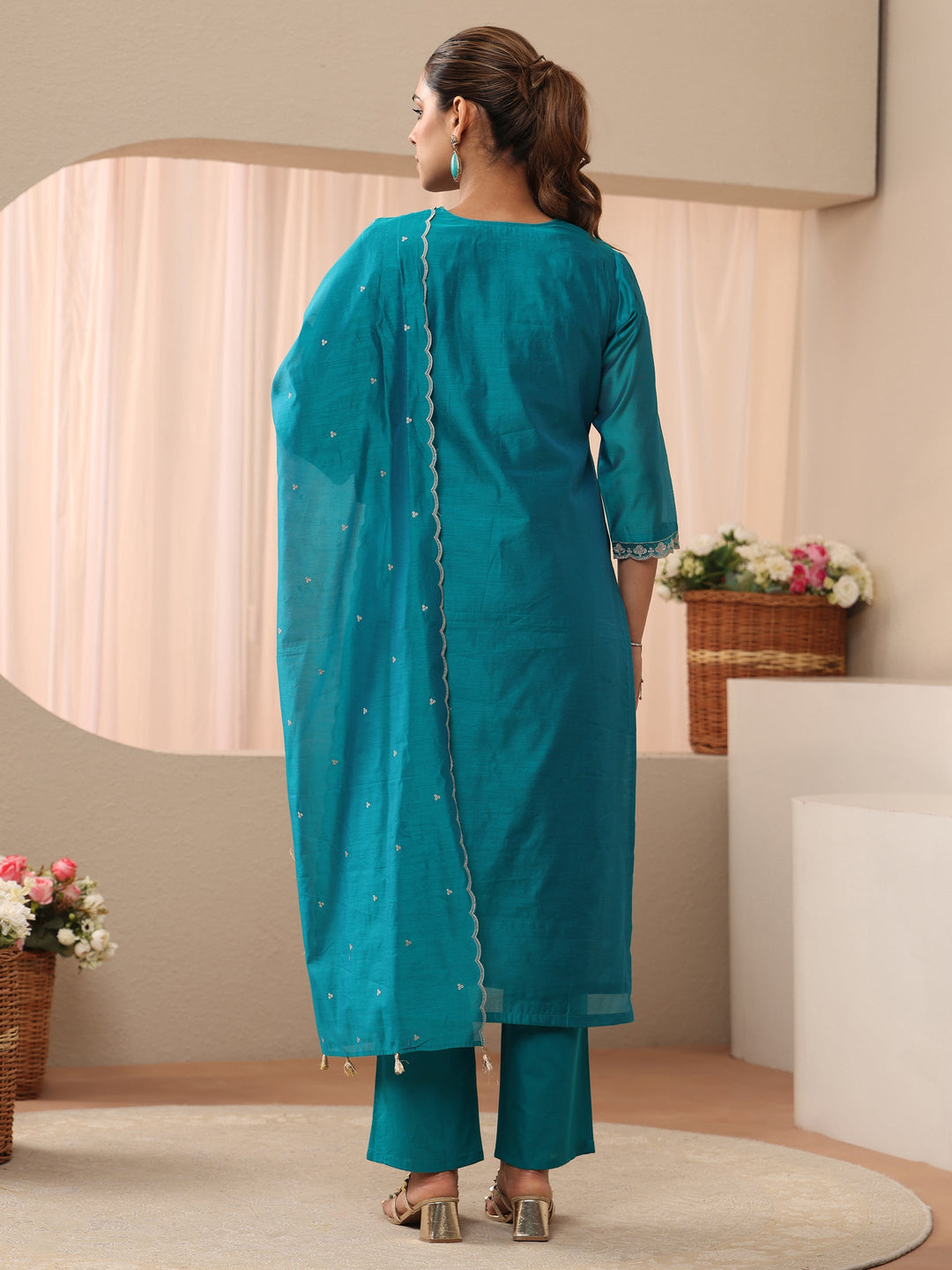  Blue Floral Embroidered Chanderi Silk Straight Suit Set 