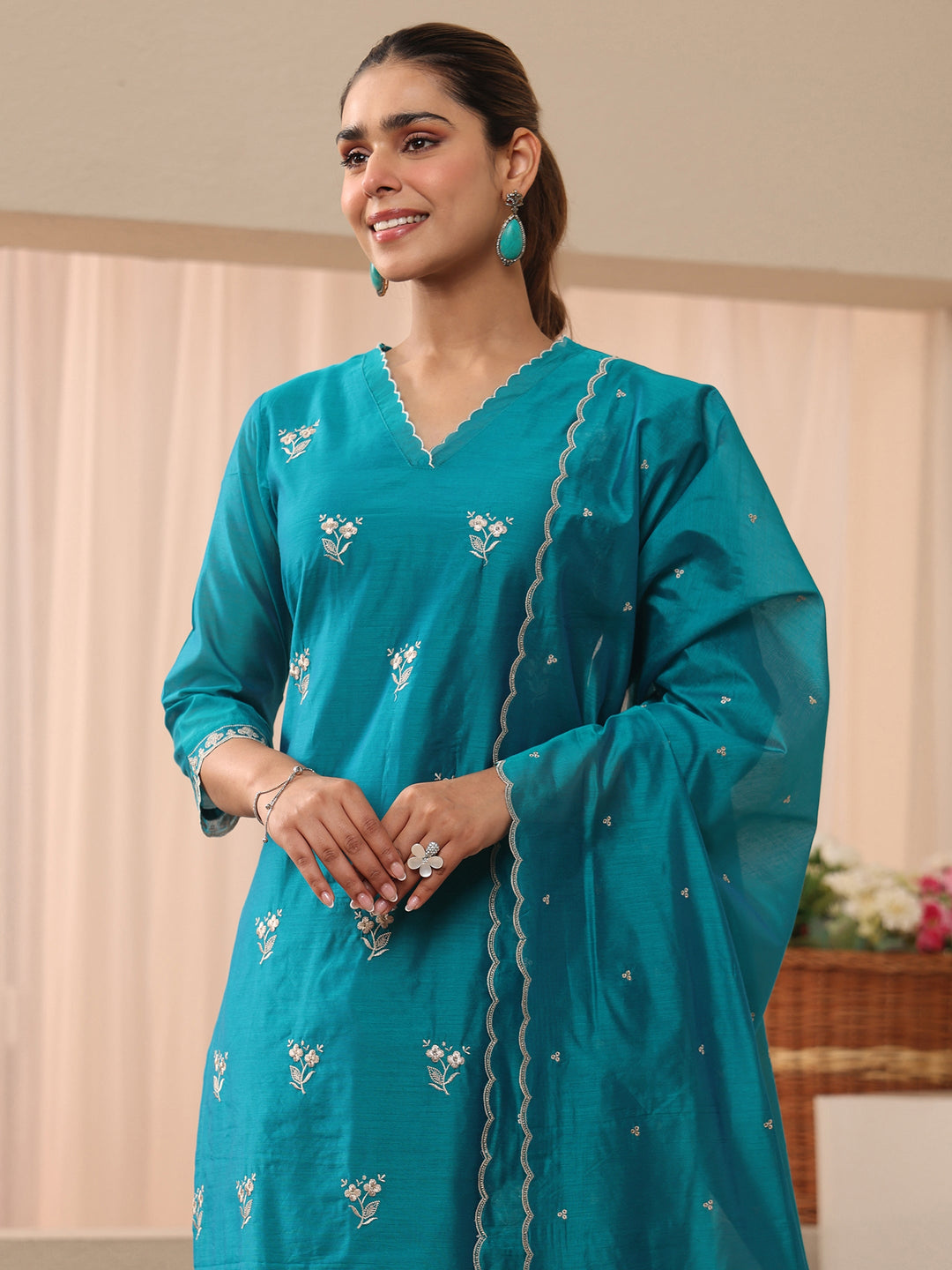  Blue Floral Embroidered Chanderi Silk Straight Suit Set 