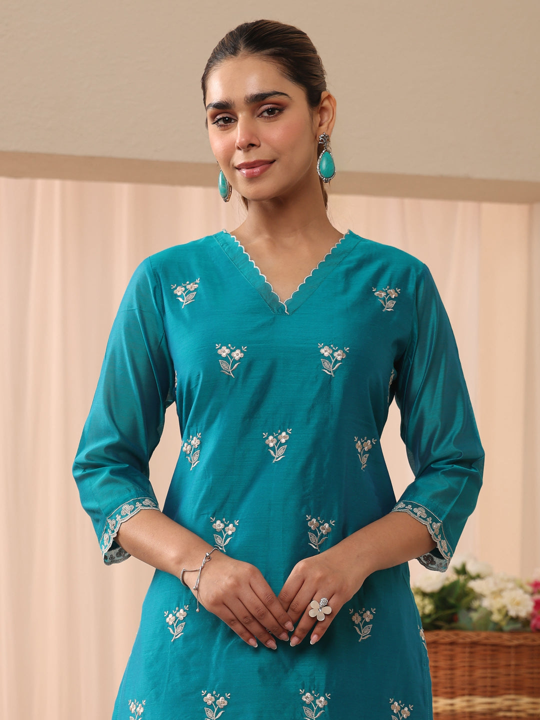  Blue Floral Embroidered Chanderi Silk Straight Suit Set 