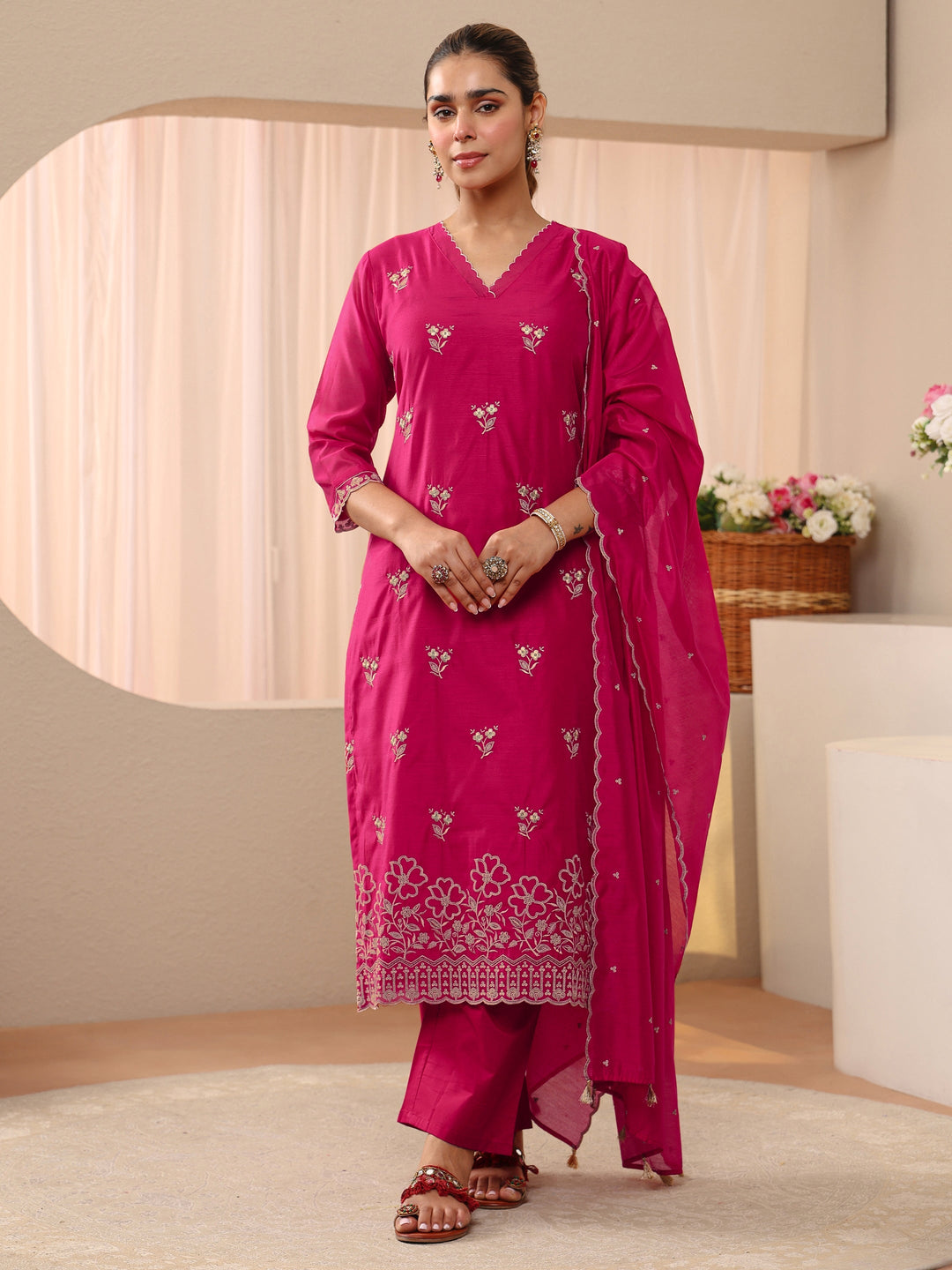  Pink Floral Embroidered Chanderi Silk Straight Suit Set 