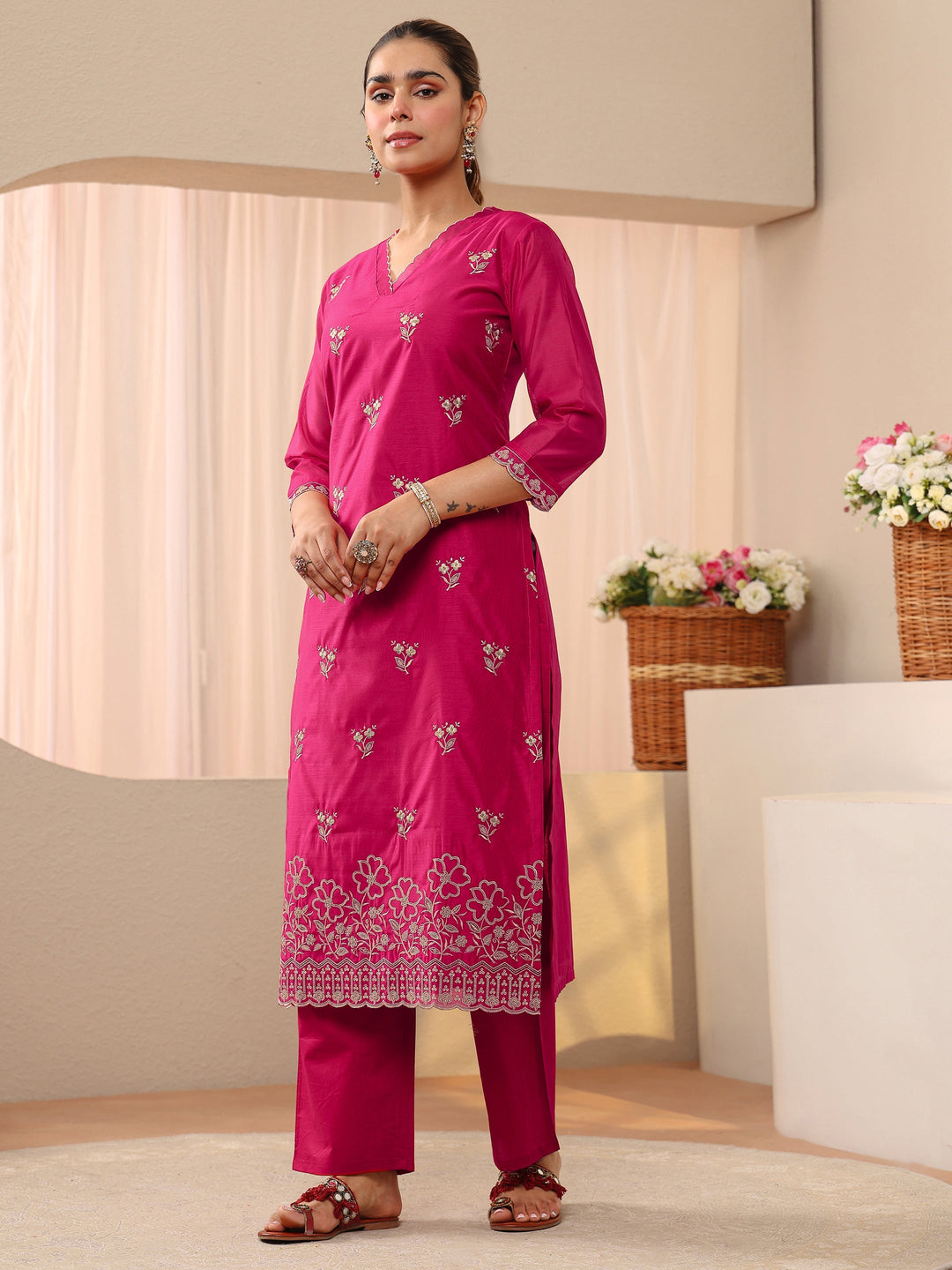  Pink Floral Embroidered Chanderi Silk Straight Suit Set 