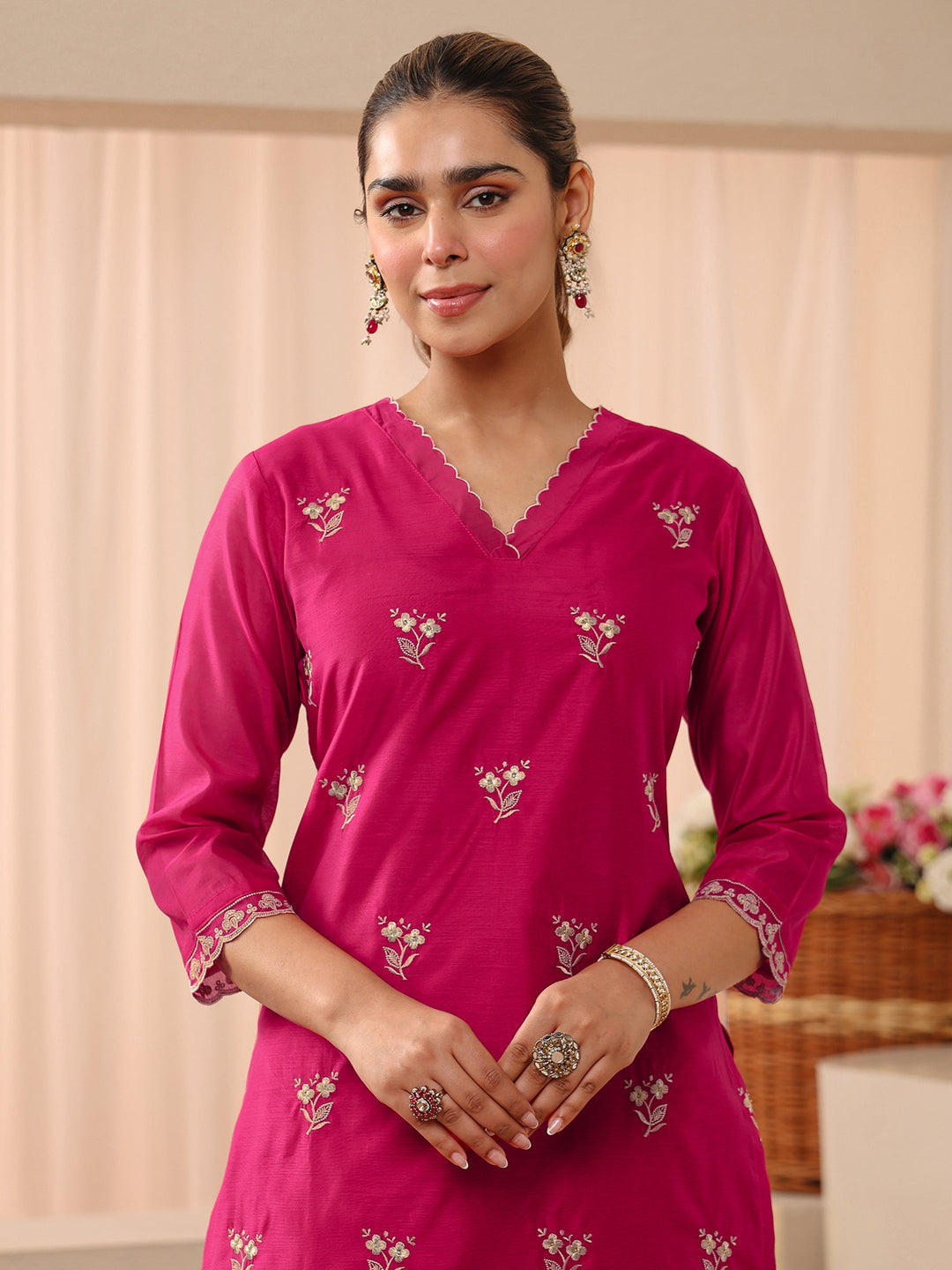  Pink Floral Embroidered Chanderi Silk Straight Suit Set 