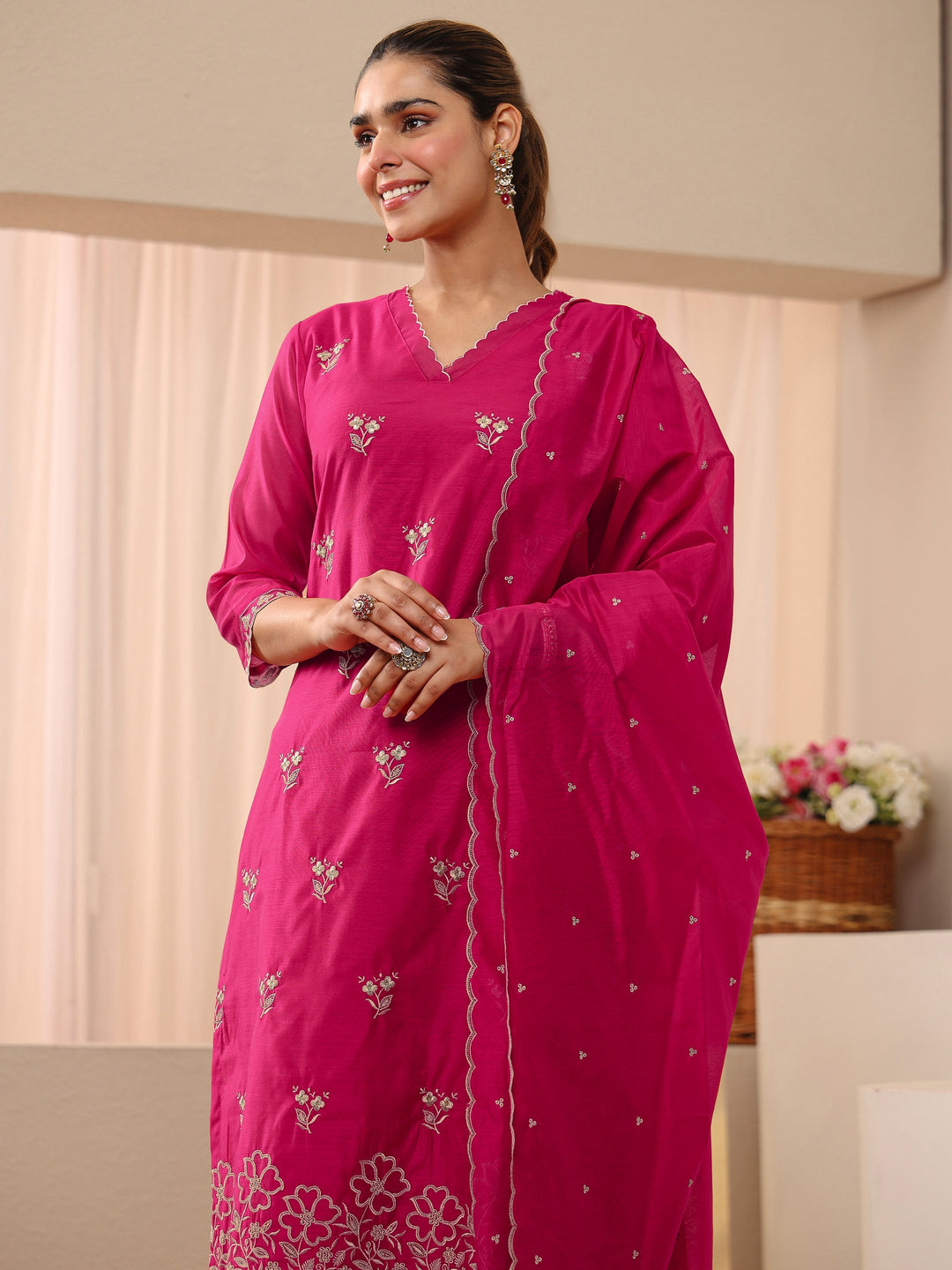  Pink Floral Embroidered Chanderi Silk Straight Suit Set 