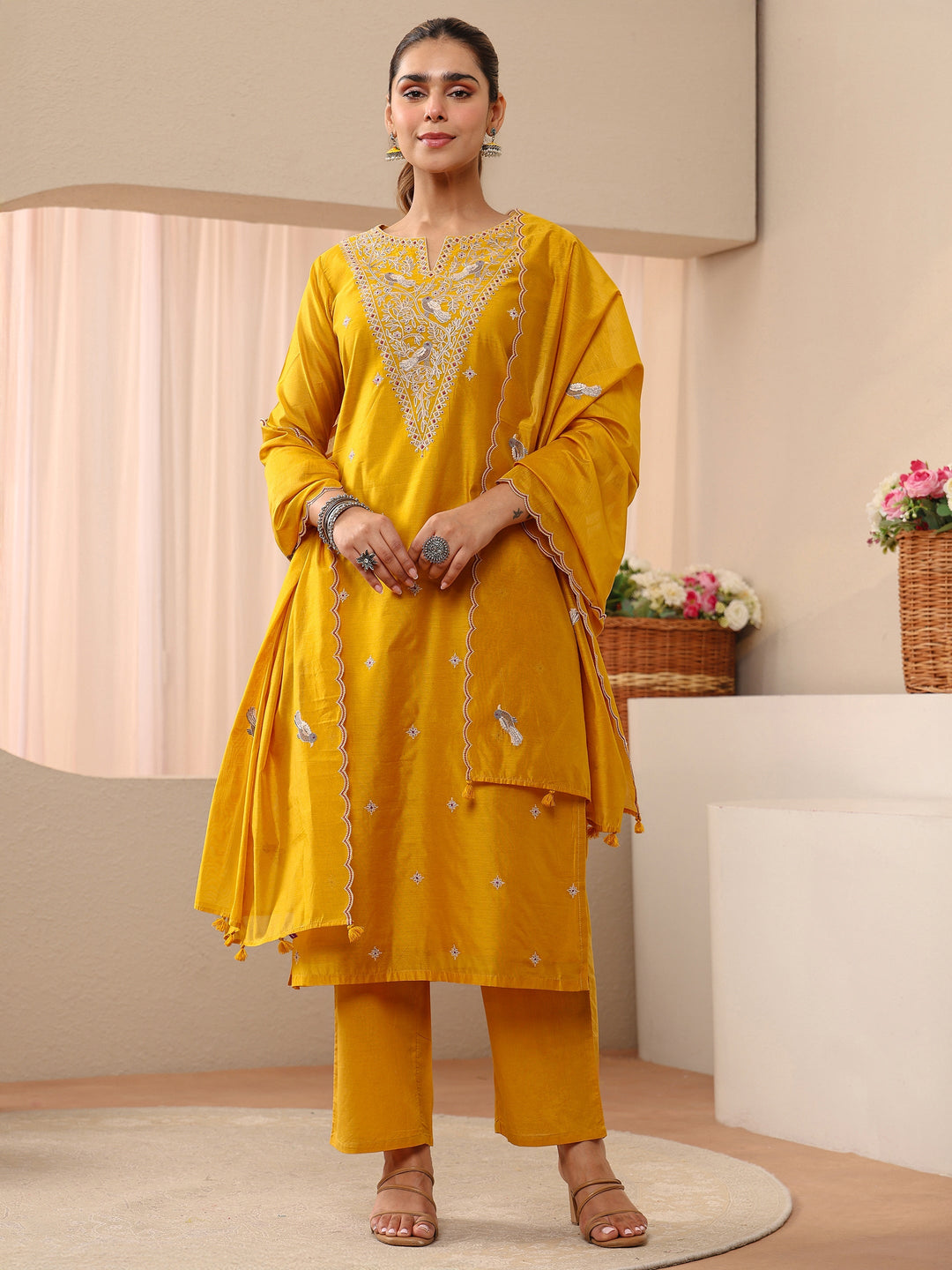  Yellow Floral Embroidered Chanderi Silk Straight Suit Set 
