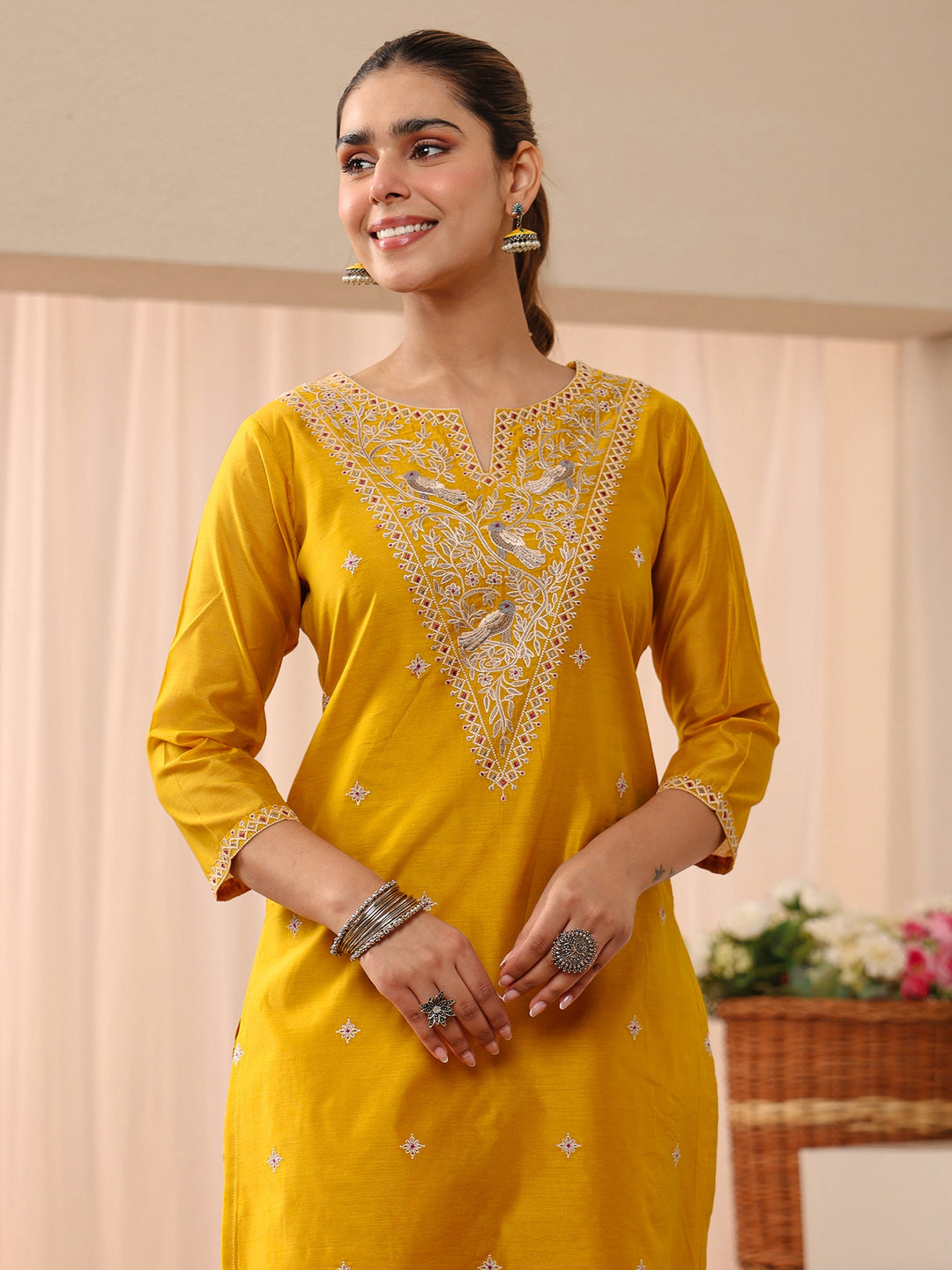  Yellow Floral Embroidered Chanderi Silk Straight Suit Set 