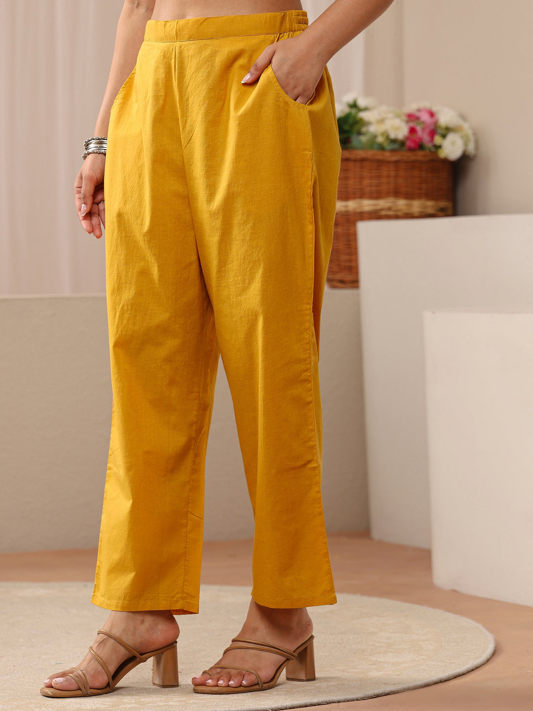  Yellow Floral Embroidered Chanderi Silk Straight Suit Set 
