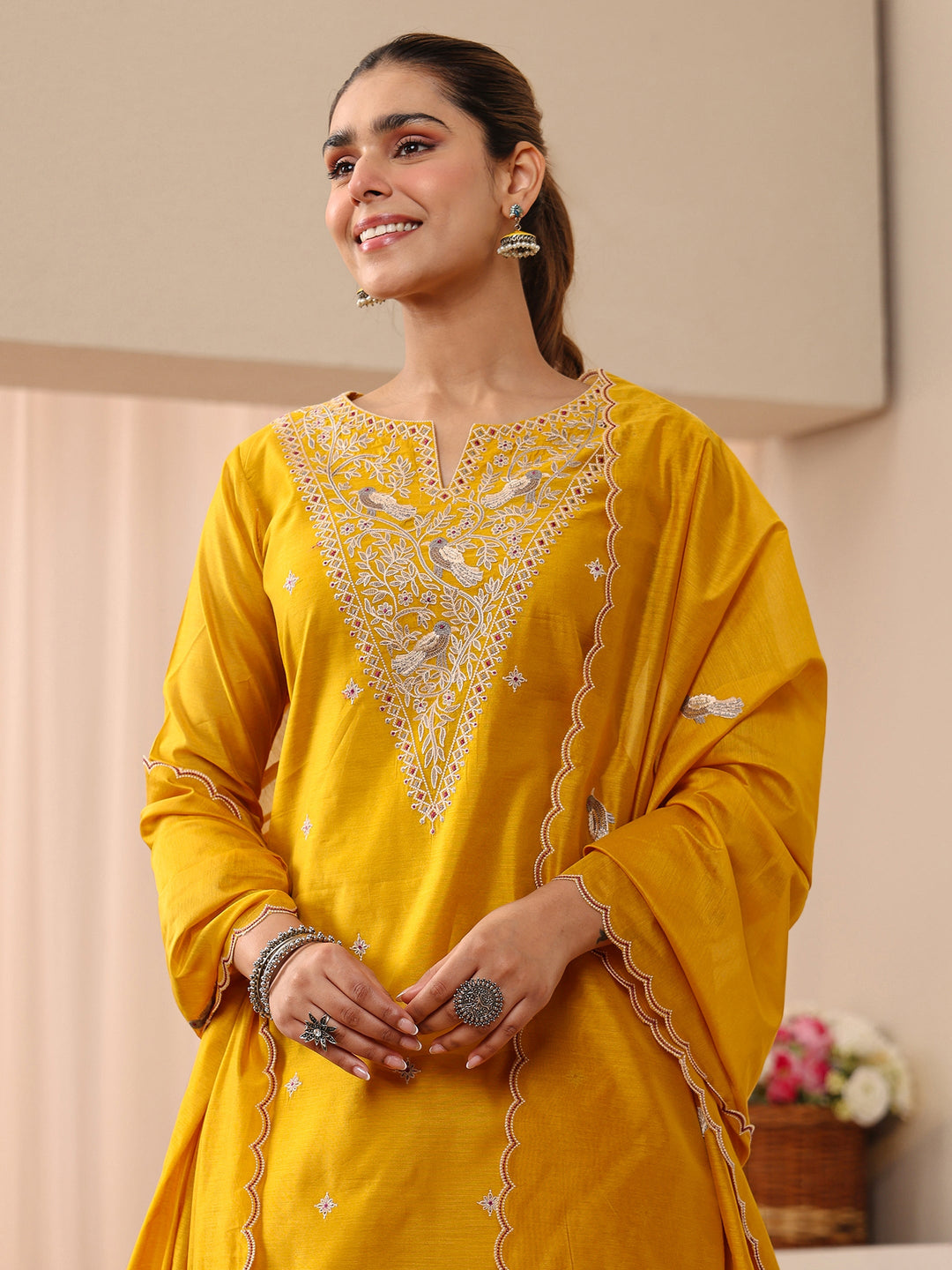  Yellow Floral Embroidered Chanderi Silk Straight Suit Set 