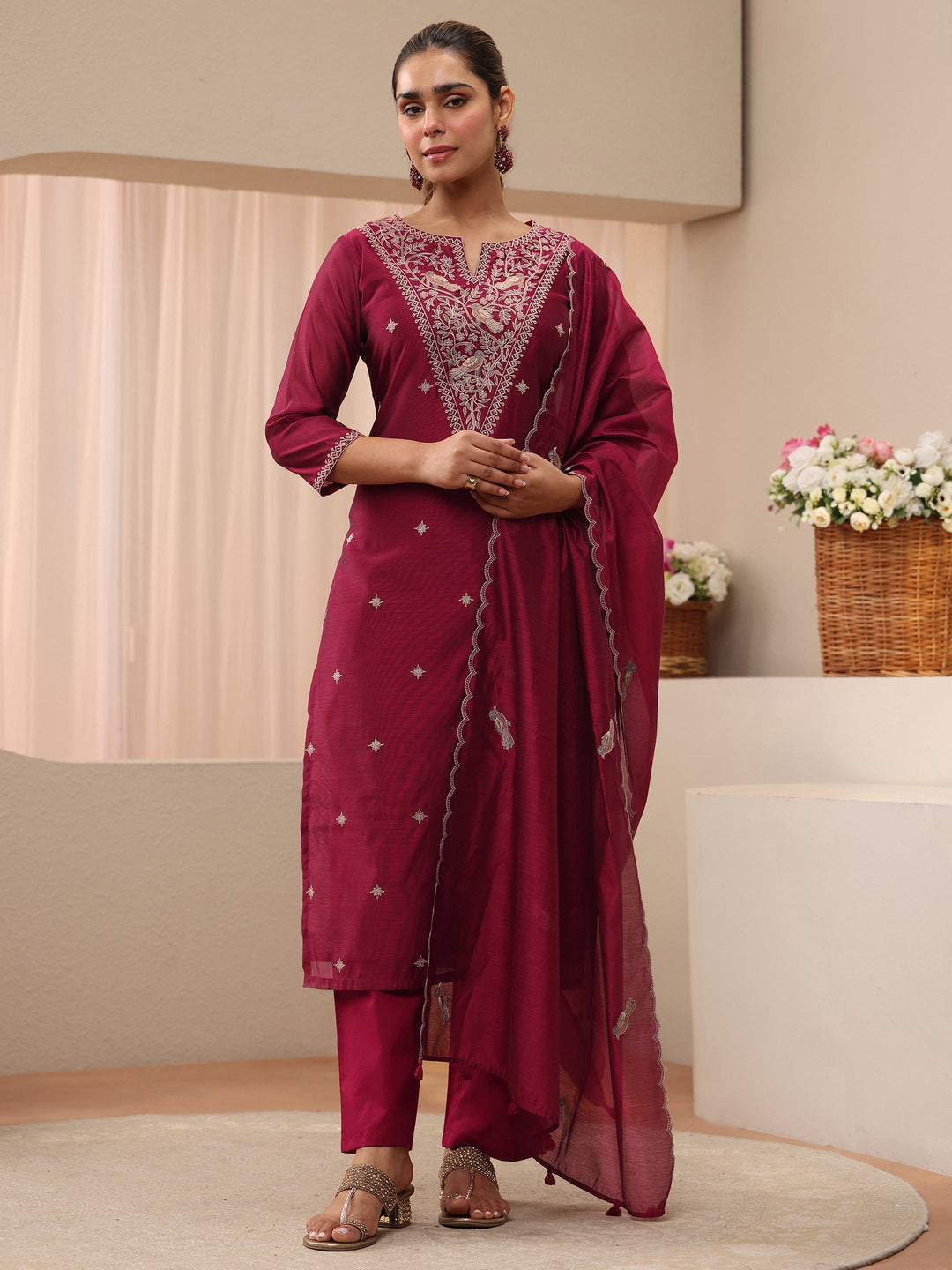  Red Floral Embroidered Chanderi Silk Straight Suit Set 