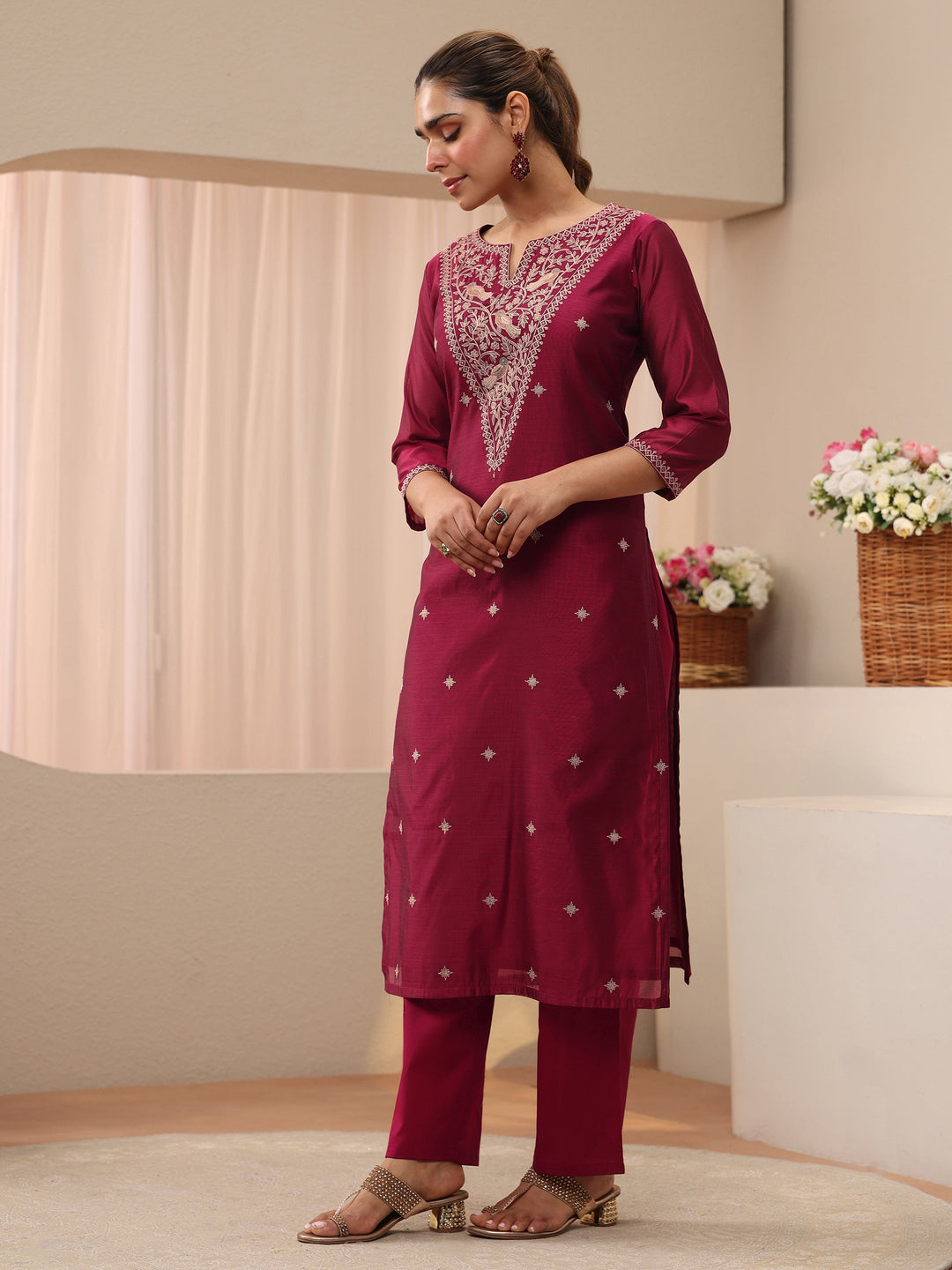  Red Floral Embroidered Chanderi Silk Straight Suit Set 
