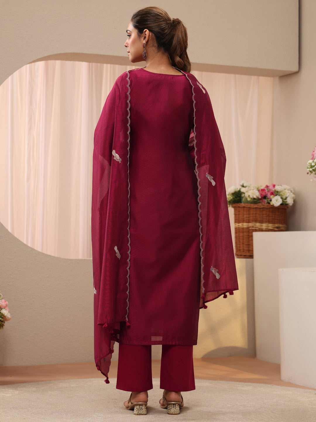  Red Floral Embroidered Chanderi Silk Straight Suit Set 