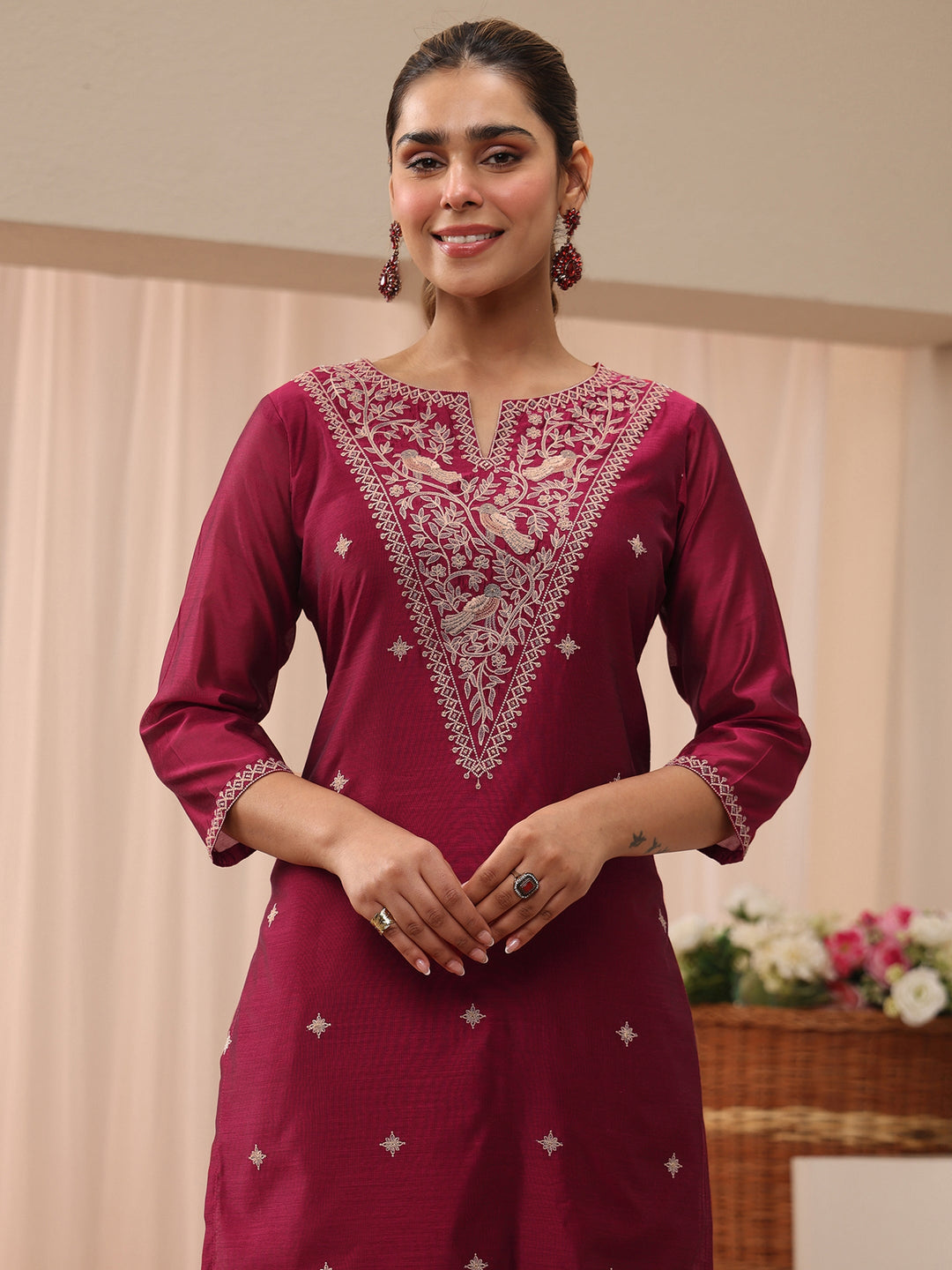  Red Floral Embroidered Chanderi Silk Straight Suit Set 