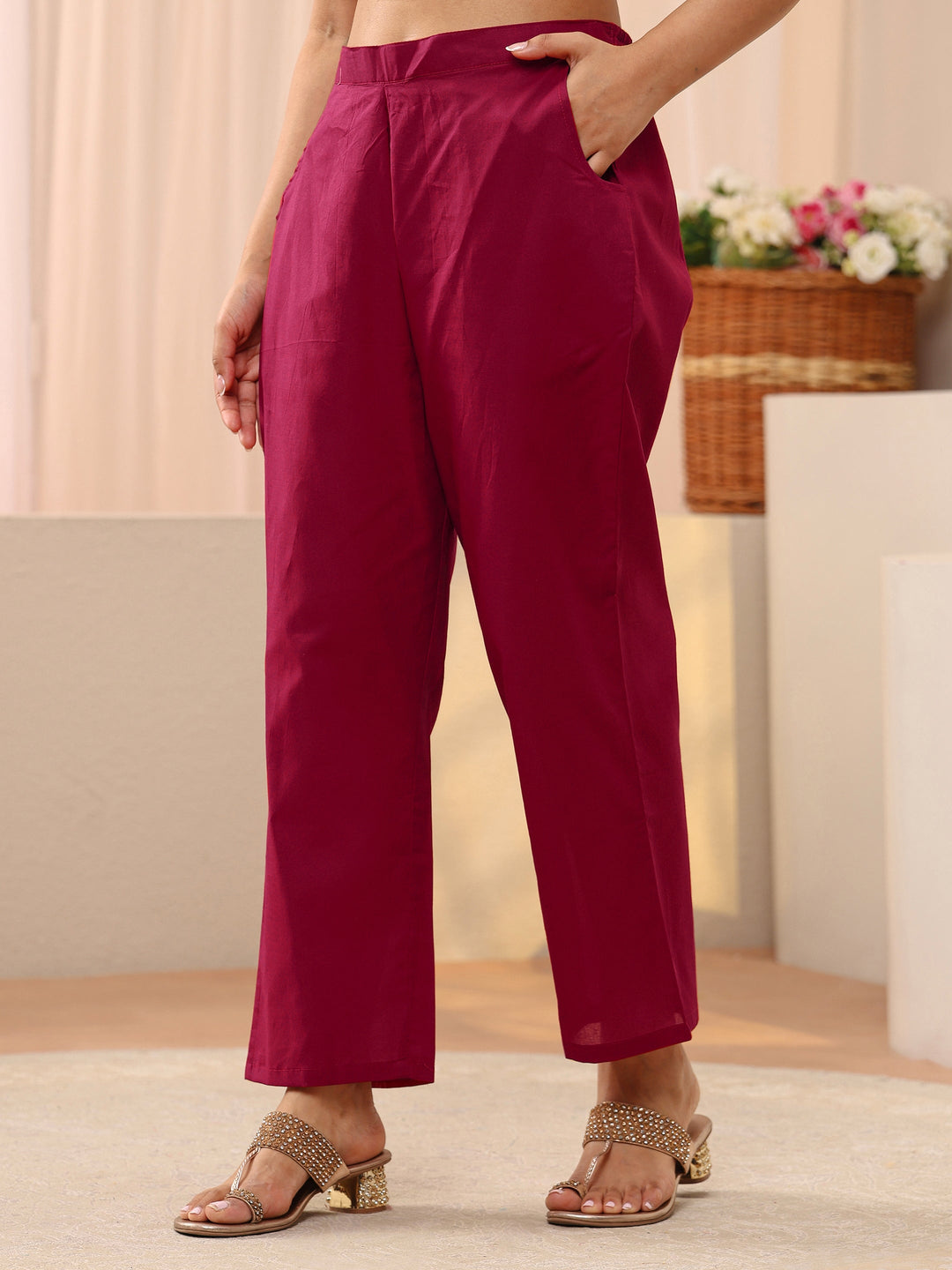  Red Floral Embroidered Chanderi Silk Straight Suit Set 