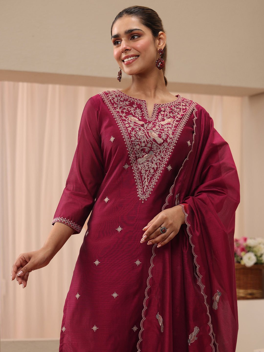  Red Floral Embroidered Chanderi Silk Straight Suit Set 