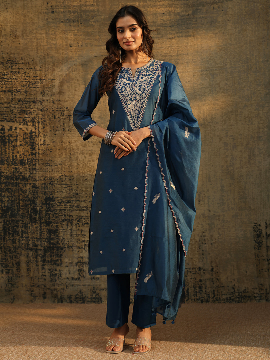  Libas Prussian Blue Embroidered Chanderi Silk Straight Suit Set 