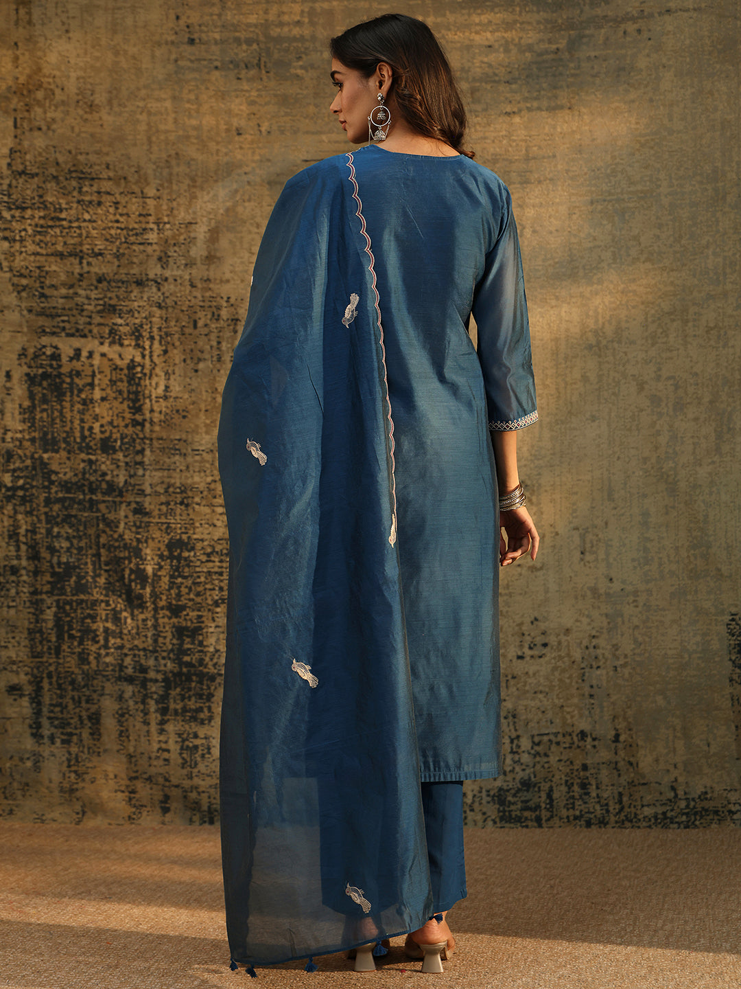  Libas Prussian Blue Embroidered Chanderi Silk Straight Suit Set 