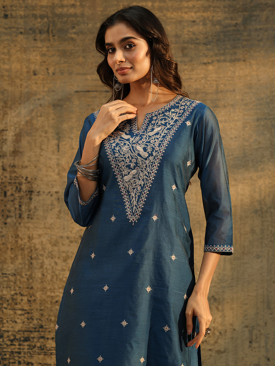  Libas Prussian Blue Embroidered Chanderi Silk Straight Suit Set 