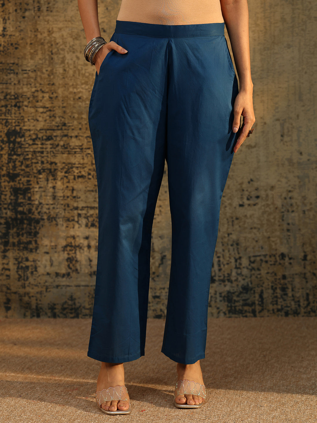  Libas Prussian Blue Embroidered Chanderi Silk Straight Suit Set 