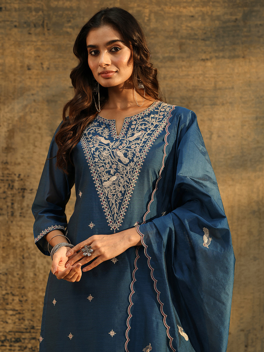  Libas Prussian Blue Embroidered Chanderi Silk Straight Suit Set 