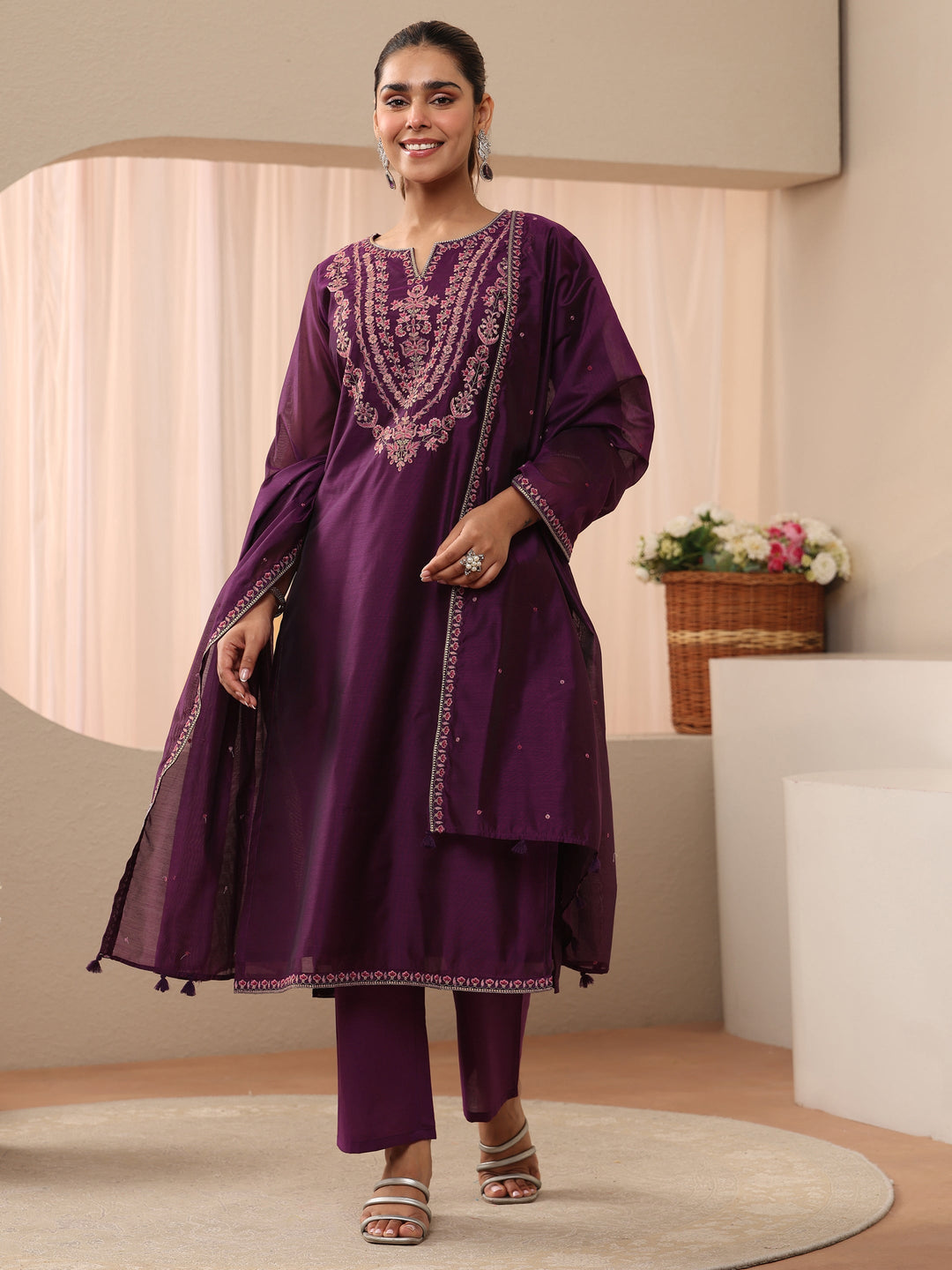  Burgundy Floral Embroidered Chanderi Silk Straight Suit Set 