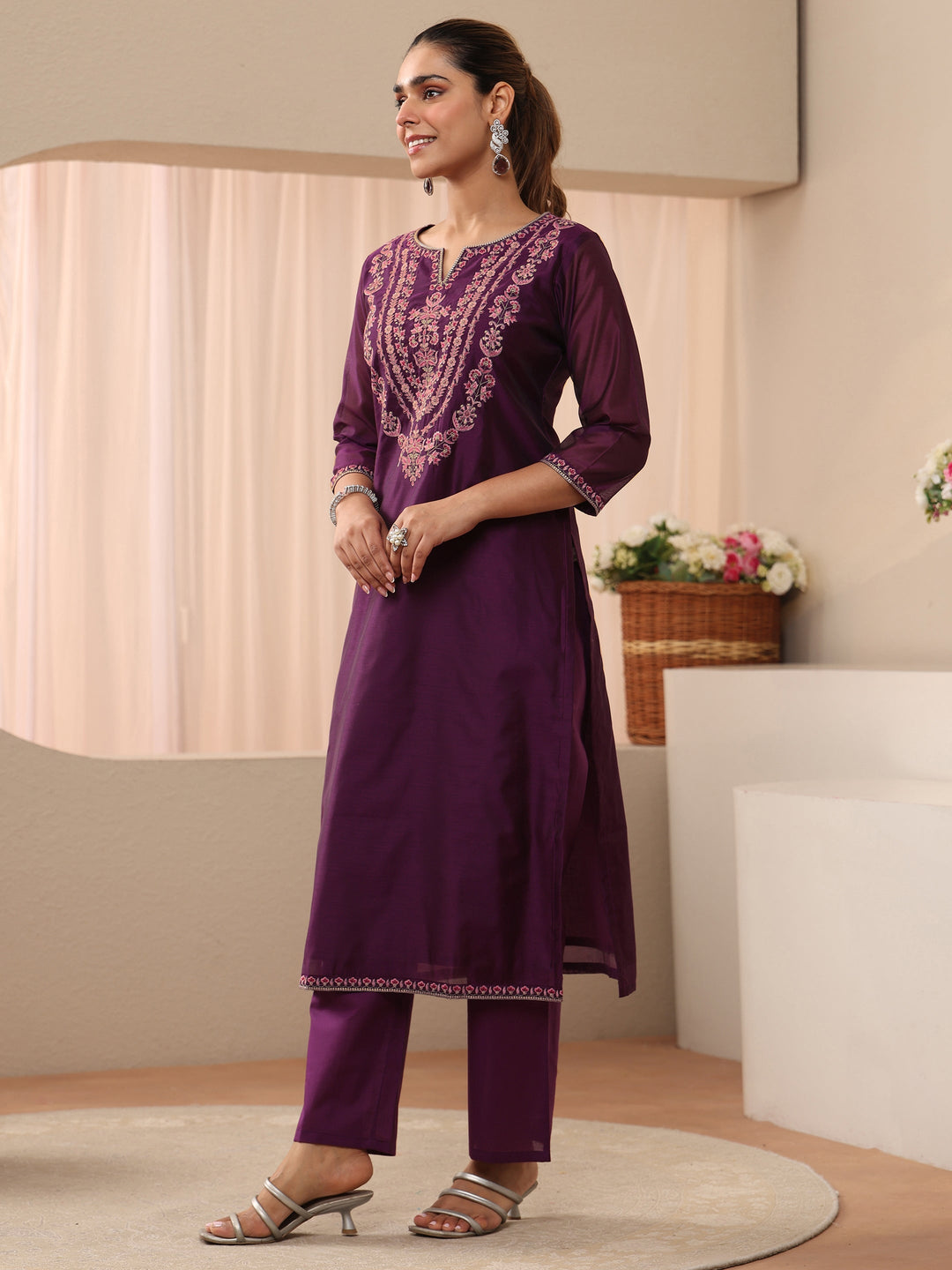  Burgundy Floral Embroidered Chanderi Silk Straight Suit Set 