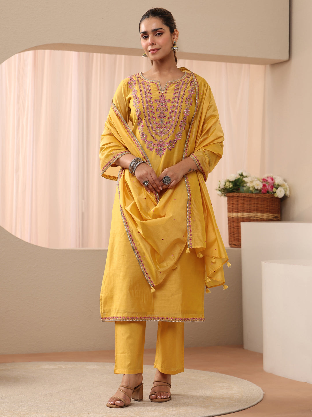  Yellow Floral Embroidered Chanderi Silk Straight Suit Set 