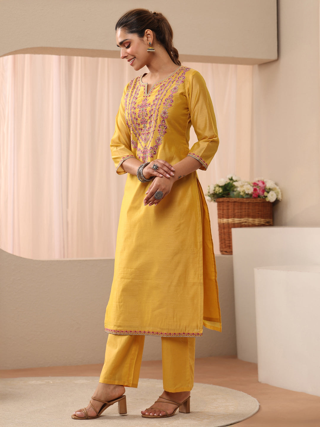  Yellow Floral Embroidered Chanderi Silk Straight Suit Set 