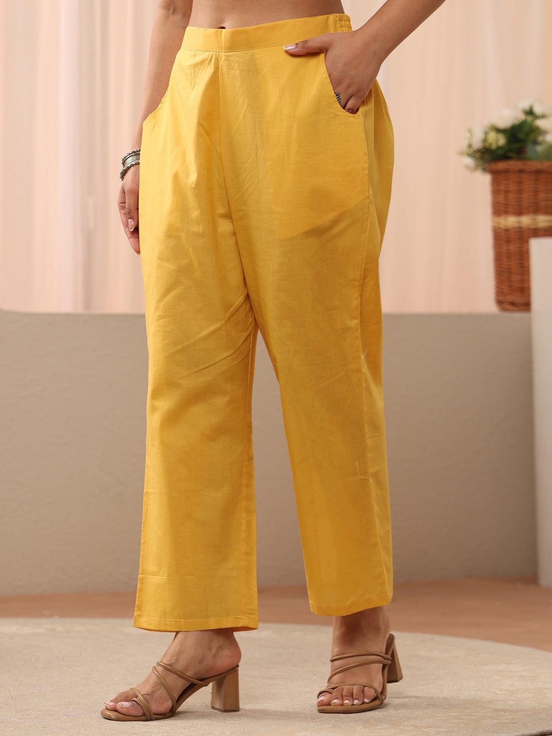  Yellow Floral Embroidered Chanderi Silk Straight Suit Set 
