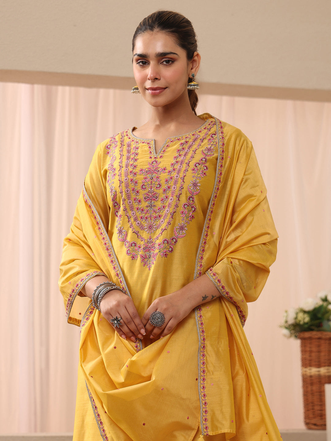  Yellow Floral Embroidered Chanderi Silk Straight Suit Set 