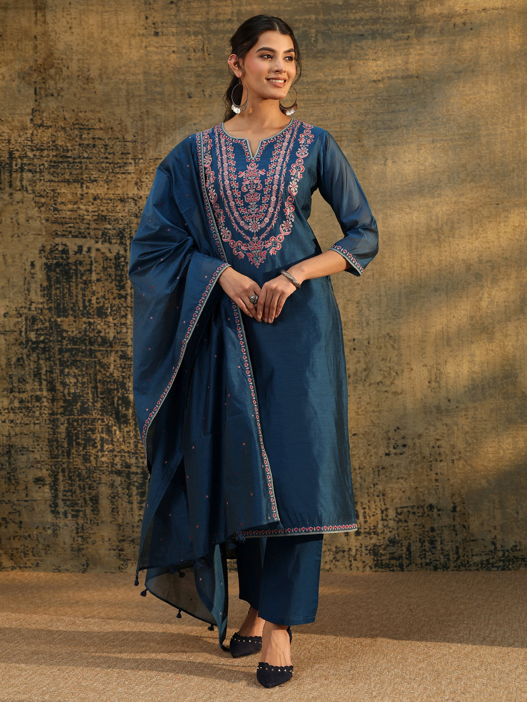  Libas Blue Floral Embroidered Yoke Design Chanderi Silk Straight Suit Set 