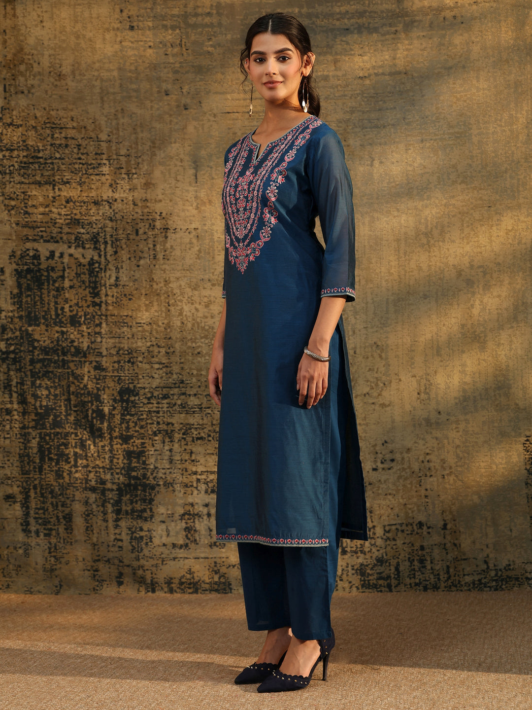  Libas Blue Floral Embroidered Yoke Design Chanderi Silk Straight Suit Set 