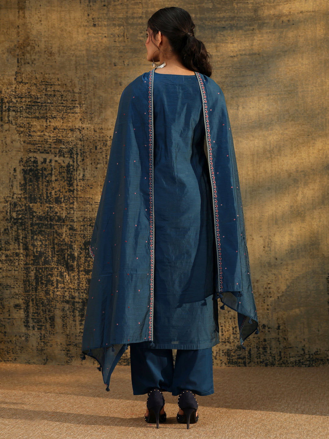  Libas Blue Floral Embroidered Yoke Design Chanderi Silk Straight Suit Set 