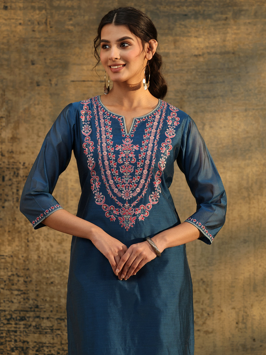  Libas Blue Floral Embroidered Yoke Design Chanderi Silk Straight Suit Set 