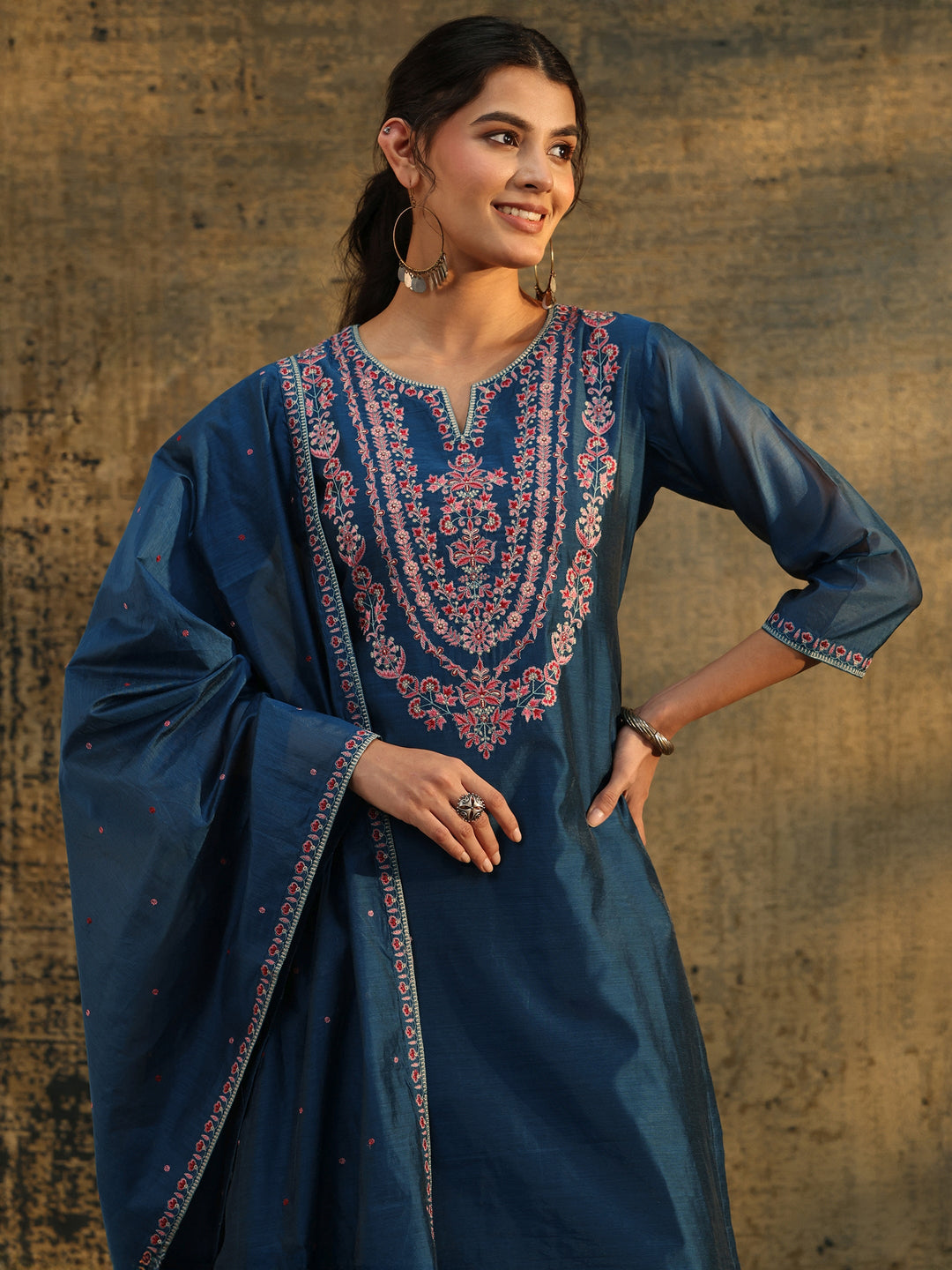  Libas Blue Floral Embroidered Yoke Design Chanderi Silk Straight Suit Set 