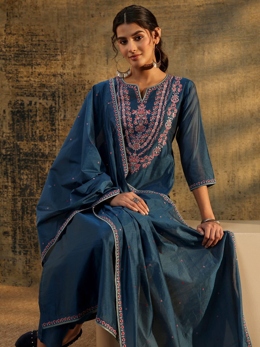  Libas Blue Floral Embroidered Yoke Design Chanderi Silk Straight Suit Set 