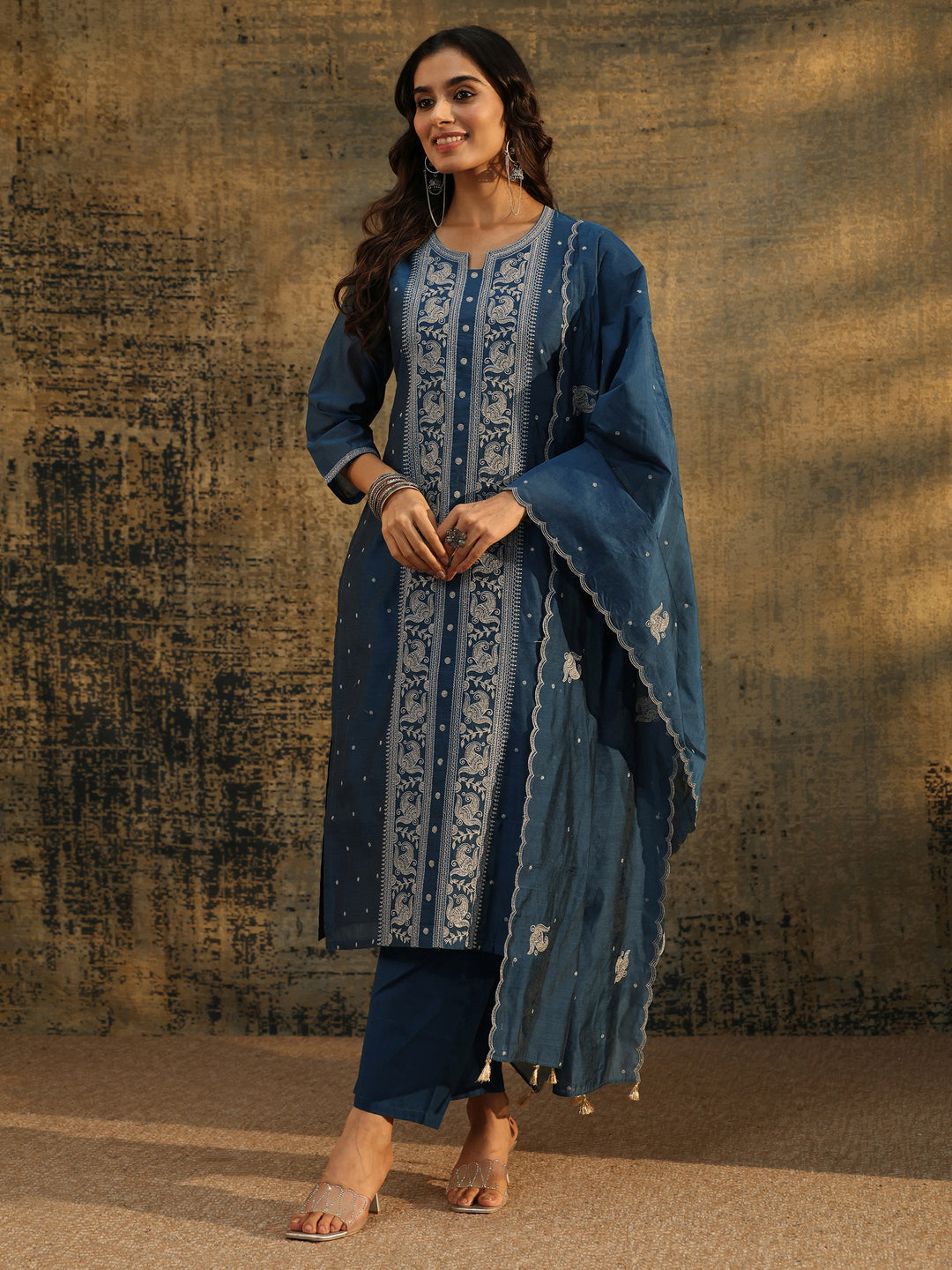  Libas Teal Blue Paisley Embroidered Chanderi Silk Straight Suit Set 