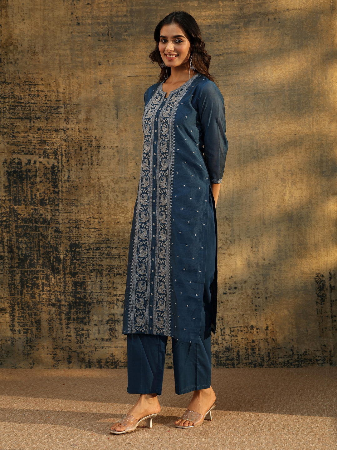  Libas Teal Blue Paisley Embroidered Chanderi Silk Straight Suit Set 