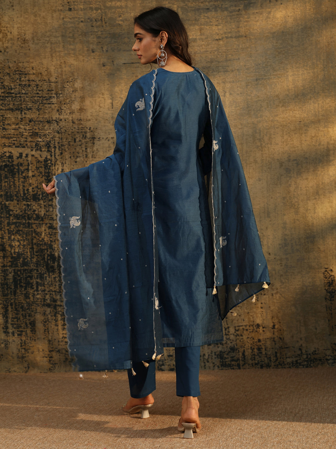  Libas Teal Blue Paisley Embroidered Chanderi Silk Straight Suit Set 