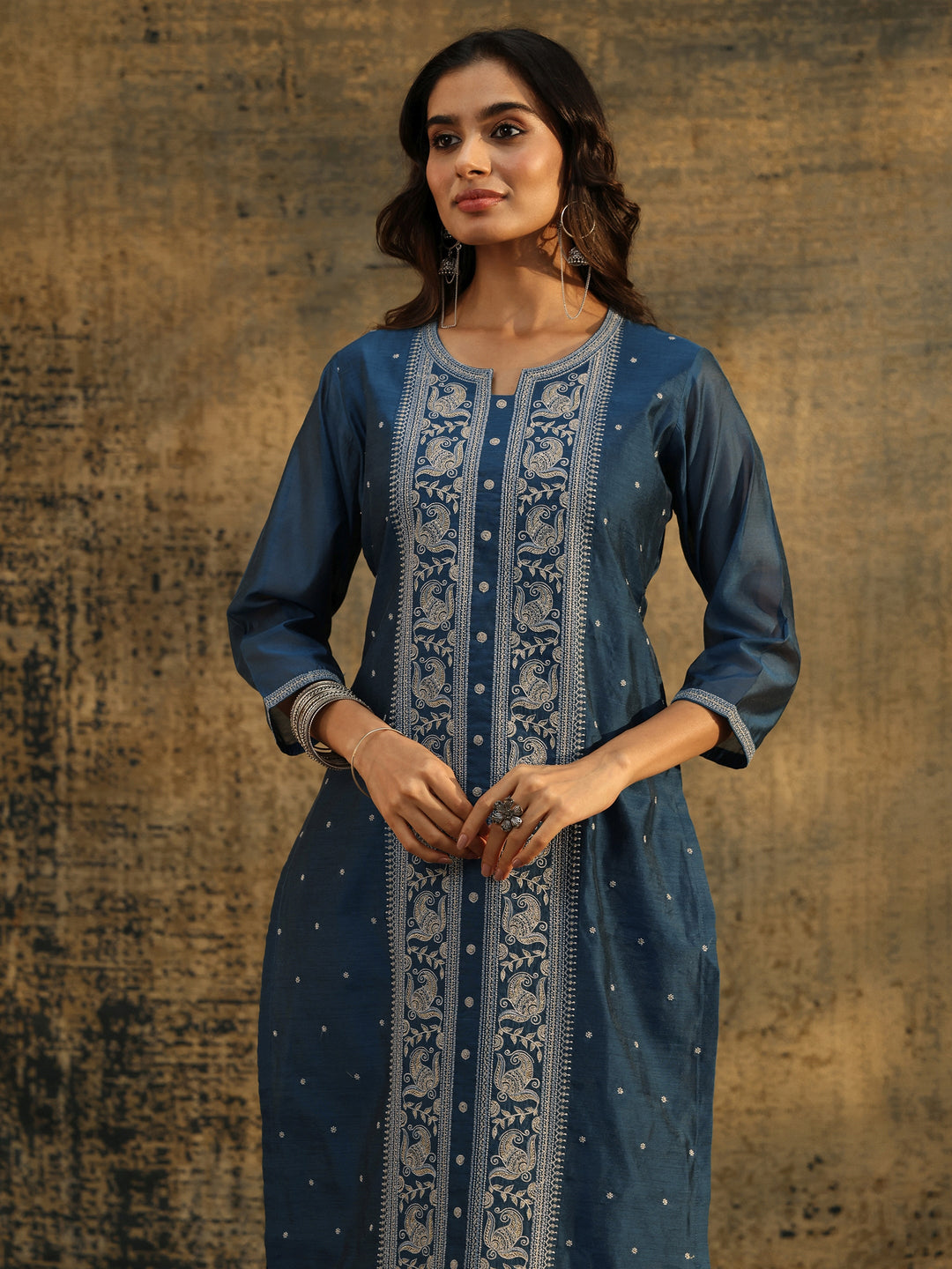  Libas Teal Blue Paisley Embroidered Chanderi Silk Straight Suit Set 