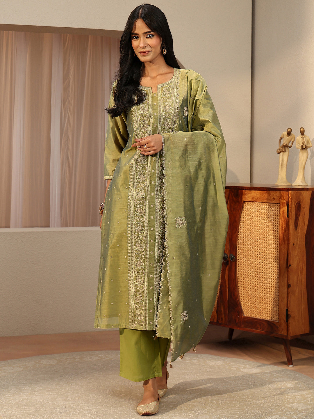  Green Ethnic Embroidered Chanderi Silk Straight Suit Set 
