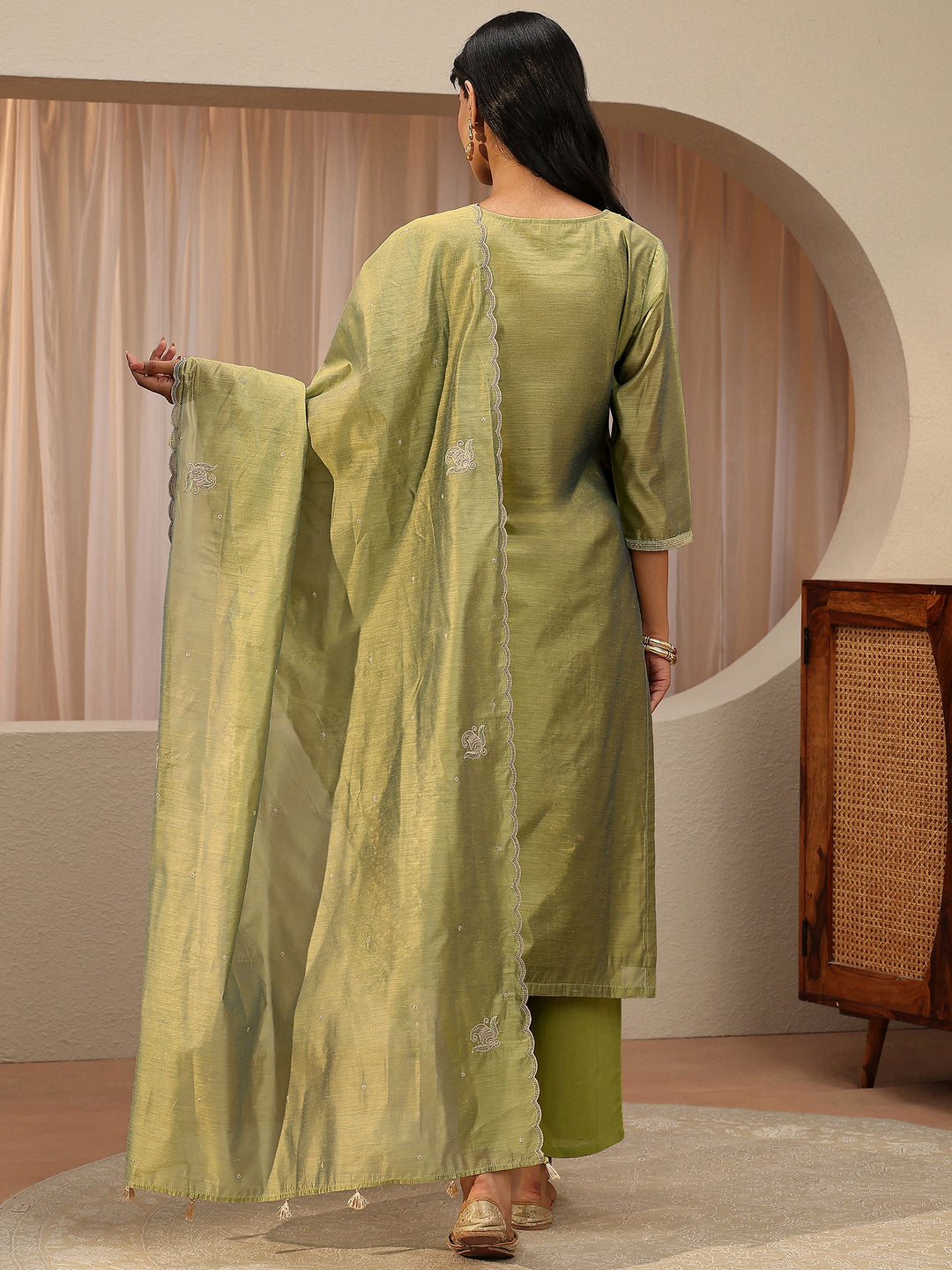 Green Ethnic Embroidered Chanderi Silk Straight Suit Set 