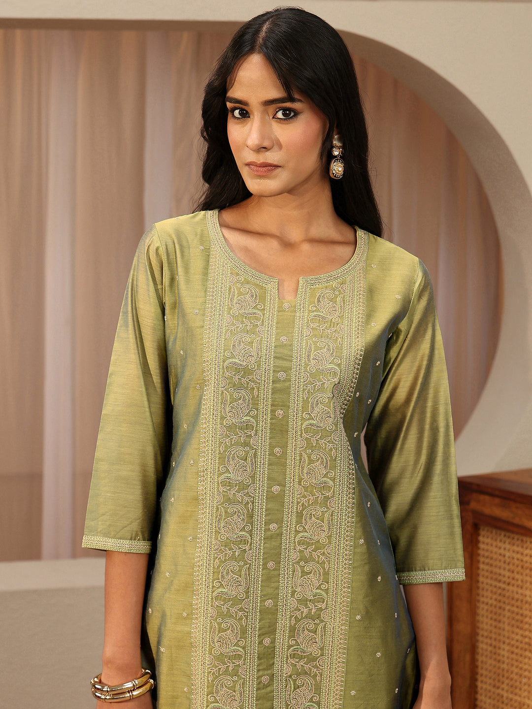  Green Ethnic Embroidered Chanderi Silk Straight Suit Set 