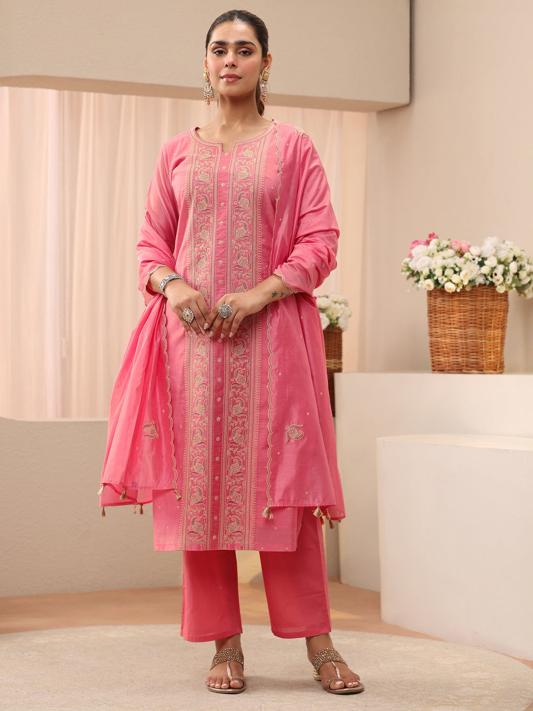 Pink Floral Embroidered Chanderi Silk Straight Suit Set 
