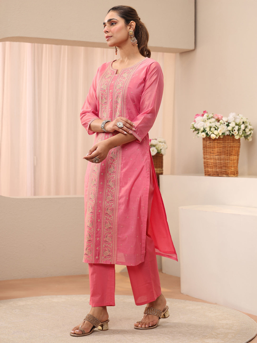  Pink Floral Embroidered Chanderi Silk Straight Suit Set 