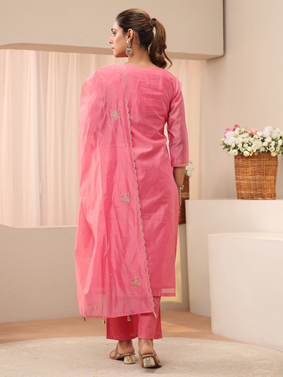  Pink Floral Embroidered Chanderi Silk Straight Suit Set 