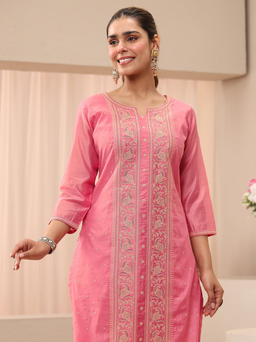  Pink Floral Embroidered Chanderi Silk Straight Suit Set 